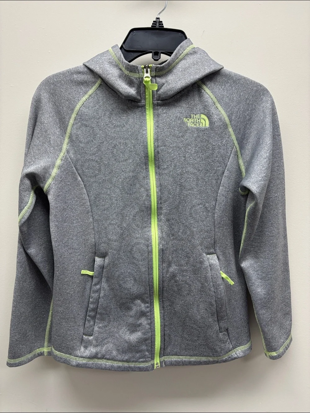 THE NORTH FACE Seashore Fleece Hoodie Full Zip Girls L 14/16 Gray Lime Green